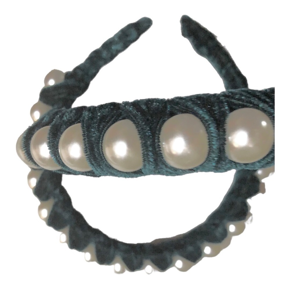 2 pack Green velvet oversized pearl adorned embellished headband new - Picture 4 of 11